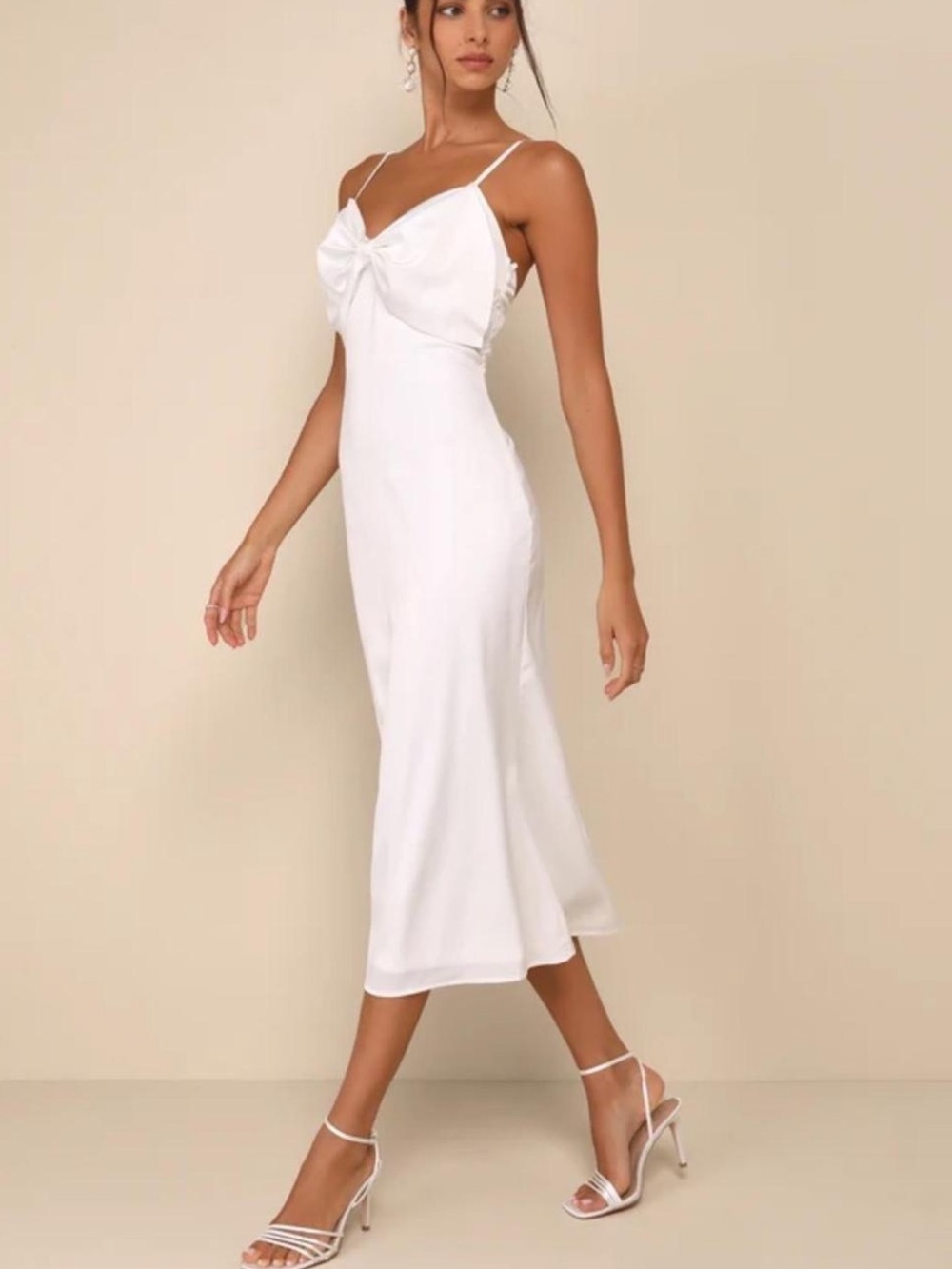 Lulus Extravagantly Sleek White Satin Sleeveless Bow Midi Dress